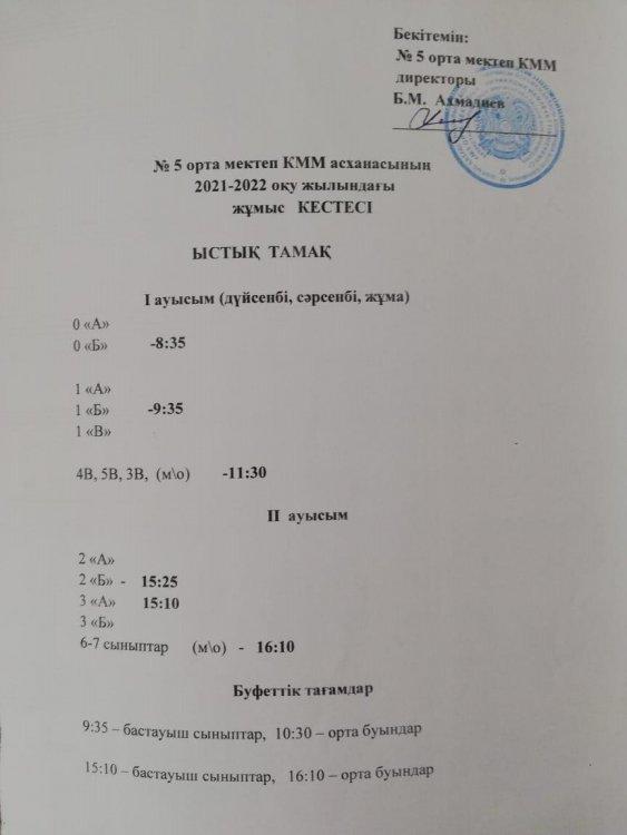 2021-2022 оқу жылындағы асхана жұмысының кестесі/ График работы столовой на 2021-2022 уч.год